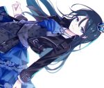  1girl ascot black_hair black_jacket blue_ascot blue_eyes blue_hair blue_skirt closed_mouth collared_shirt cowboy_shot cropped_jacket crown dot_nose floating_hair gradient_hair grey_vest hair_between_eyes highres hoshino_ichika_(project_sekai) jacket long_hair long_sleeves looking_at_viewer mini_crown multicolored_hair open_clothes open_jacket pleated_skirt project_sekai ritzchrono shirt sidelocks sideways simple_background skirt smile solo vest white_background white_shirt 