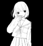  1girl animated animated_gif arm_at_side black_background blunt_bangs bob_cut cowboy_shot dot_nose empty_eyes greyscale hand_up long_sleeves looking_at_viewer looping_animation monochrome neck_ribbon noroi_(rnatataki) original parted_lips pleated_skirt ribbon sailor_collar school_uniform serafuku shirt short_hair simple_background skirt sleeves_past_wrists solo standing 