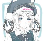  1girl absurdres animal_ear_headwear animal_ears animal_print argyle_clothes bambinata_(punishing:_gray_raven) black_bow blue_eyes bow braid braided_hair_rings cat_ears cat_print checkered_clothes collared_shirt grey_headwear hair_bow hair_ornament hairclip heart heart-shaped_pupils highres multicolored_hair official_alternate_costume parted_lips partially_colored pom_pom_(clothes) punishing:_gray_raven shirt sidelocks solo symbol-shaped_pupils twin_braids two-tone_hair white_shirt x_hair_ornament 