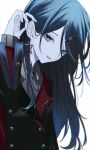  1girl :d bangs_pinned_back black_hair black_jacket blue_eyes buttons collared_shirt double-breasted from_side grey_shirt hair_between_eyes hair_ornament head_tilt highres hoshino_ichika_(project_sekai) jacket long_sleeves looking_at_viewer open_mouth parted_bangs project_sekai ritzchrono shirt simple_background smile solo tucking_hair upper_body white_background 