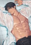  1boy abs bara bare_pectorals black_hair black_pants closed_mouth highres kowamote_(1515_iiotkwkk) large_pectorals looking_at_viewer lying male_focus muscular muscular_male navel nipples on_back open_clothes open_shirt original pants pectorals see-through shirt short_hair solo wet wet_clothes wet_hair wet_shirt white_shirt 