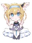  1girl animal_ear_fluff animal_ears arknights blonde_hair blue_eyes blue_hairband blush braided_hair_rings closed_mouth commentary_request cropped_torso earpiece fox_ears fox_girl hairband highres infection_monitor_(arknights) looking_at_viewer simple_background smile solo suzuran_(arknights) user_mvyy7457 white_background 
