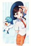  1girl arm_behind_back arm_up bangs blue_headwear border braid brown_eyes brown_hair collared_shirt commentary ellanotte eyelashes female_protagonist_(pokemon_sv) hair_ornament hat lower_teeth necktie open_mouth orange_necktie orange_shorts pokemon pokemon_(creature) pokemon_(game) pokemon_sv quaxly salute shirt short_sleeves shorts signature single_braid teeth tongue white_border white_shirt 