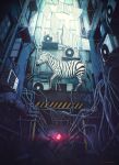  absurdres air_conditioner animal_focus chromatic_aberration clothesline glowing highres hiromumaru industrial_pipe no_humans original robot wide_shot wire zebra 
