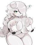 :3 anthro belly big_breasts blush blush_lines breast_grab breasts canid canine canis cat_smile disembodied_hand domestic_dog female fur green_eyes hair hair_over_eye hand_on_breast heart_symbol hi_res huge_breasts huge_thighs long_hair mammal navel nude one_eye_obstructed puri3301 simple_eyes slightly_chubby slightly_chubby_anthro slightly_chubby_female smile solo speech_bubble thick_thighs white_body white_fur white_hair