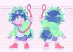  animal_ears bandaid bandaid_on_leg boku_no_hero_academia chibi closed_mouth collar commentary crispyfrites dog_boy dog_ears dog_tail english_commentary freckles from_behind green_eyes green_fur green_hair green_jacket holding holding_leash hood hood_down hooded_jacket jacket leash long_sleeves looking_up midoriya_izuku open_clothes open_jacket pink_background red_collar red_footwear shirt shoes short_hair shorts spiked_collar spikes standing tail tongue tongue_out white_shirt 