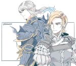  2boys armor back-to-back blonde_hair closed_mouth crossover dion_lesage dragoon earrings elezen elf estinien_varlineau final_fantasy final_fantasy_xiv final_fantasy_xvi frilled_sleeves frills grey_hair grey_vest hair_between_eyes hiryuu_(kugelcruor) jewelry long_hair looking_at_another low_ponytail male_focus medium_hair multiple_boys plate_armor pointy_ears shirt shoulder_armor shoulder_spikes smile spikes swept_bangs upper_body vest white_background white_shirt yellow_eyes 