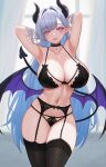  1girl absurdres armpits arms_up black_bra black_choker black_horns black_panties blush bra breasts choker cleavage collarbone demon_girl demon_horns demon_tail demon_wings floralmi garter_belt garter_straps hair_lift highres horns large_breasts long_hair looking_at_viewer low_wings mole mole_on_breast mole_on_thigh navel original panties pointy_ears purple_eyes smile solo tail underwear underwear_only white_hair wings 