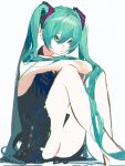  alternate_costume aqua_eyes aqua_hair ass bare_arms bare_legs bare_shoulders black_dress closed_mouth commentary dress feet_out_of_frame hair_between_eyes hair_ornament hair_over_shoulder halter_dress halterneck hatsune_miku highres knees_up long_hair miyu_(shiyemiyu) simple_background sitting twintails very_long_hair vocaloid 