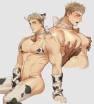  2boys abs absurdres animal_ears animal_print bara bell bikini blonde_hair blush chengzhineixihuanxiaogou closed_mouth covered_nipples cow_boy cow_ears cow_print cow_print_bikini cowbell dark-skinned_male dark_skin dungeon_meshi fake_animal_ears highres laios_thorden large_pectorals male_focus male_lactation multiple_boys muscular muscular_male navel nipple_stimulation nipple_tweak nipples open_mouth pectorals print_bikini short_hair simple_background solo_focus swimsuit white_background yaoi 