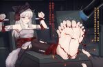  arknights armpits arms_up barefoot bdsm bondage bound bound_legs bound_wrists eyes_open feet foot_focus frostleaf_(arknights) highres juzi_(orange8619) liquid lubrication open_mouth red_eyes restrained scared soles tagme tickling tickling_feet toes trembling white_hair 
