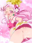  1girl ass cowboy_shot cum cum_in_pussy cure_yell hugtto!_precure long_hair looking_at_viewer miniskirt mushiro_(nijie728995) navel nijie no_panties one_eye_closed pink_eyes pink_hair pom_pom_(cheerleading) precure pregnant shirt skirt sleeveless sleeveless_shirt smile solo thigh_gap thighhighs white_thighhighs 