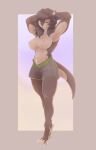  abs anthro big_breasts boait bottomwear breasts brown_body brown_fur clothed clothing female fur hair hi_res lutrine mammal muscular muscular_anthro muscular_female mustelid nipples one_eye_closed simple_background smile solo swimming_trunks swimwear topless 