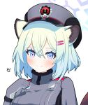  1girl absurdres animal_ear_fluff animal_ears blue_archive blush breasts closed_mouth commentary_request gloves green_hair grey_gloves grey_headwear grey_jacket hair_between_eyes hair_ornament hairclip halo hand_up hat highres jacket looking_at_viewer medium_breasts peaked_cap purple_eyes shigure_(blue_archive) simple_background smile solo sprout_(haji_s) upper_body white_background 