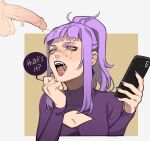  1boy 1girl absurdres blunt_bangs cellphone cleavage_cutout clothing_cutout cum disappointed english_text eyeshadow facial fangs highres holding holding_phone long_hair looking_at_penis makeup narrowed_eyes open_mouth original pami_namal penis phone ponytail porqueloin premature_ejaculation purple_hair purple_lips purple_nails purple_shirt shirt smartphone speech_bubble testicles unamused upper_body yellow_eyes 