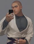  1boy :q absurdres bandaid bandaid_on_face bandaid_on_nose bara buzz_cut cellphone dougi highres holding holding_phone large_pectorals light_blush looking_at_viewer louis_tjxx male_focus muscular muscular_male original pectorals phone seductive_smile selfie shirt short_hair smartphone smile solo taking_picture taut_clothes taut_shirt thick_eyebrows tongue tongue_out upper_body very_short_hair 