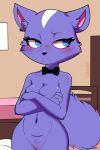 aggretsuko anthro big_breasts blue_eyes blush bow_tie breasts depression digital_media_(artwork) disappointed female fur genitals hi_res mammal mephitid nude nyxartstation purple_body purple_fur pussy sad sanrio shikabane_(aggretsuko) simple_background skunk solo tail thick_thighs