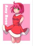  1girl :3 ahoge amy_rose arms_behind_back blush border breasts character_name cowboy_shot dress english_text green_eyes hair_between_eyes hairband highres humanization looking_ahead medium_bangs medium_breasts nonoworks pink_background pink_hair red_dress red_hairband shiny_skin short_dress short_hair signature simple_background sleeveless sleeveless_dress solo sonic_(series) standing swept_bangs thighs watermark white_border wind wind_lift 