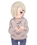  1girl blush denim ear_piercing grey_hair grey_sweater hair_ornament hair_over_one_eye hairclip idolmaster idolmaster_cinderella_girls jeans looking_at_viewer nekopantsu_(blt) pants parfait piercing red_eyes shirasaka_koume simple_background smile solo sweater white_background 