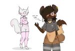 absurd_res anthro artic_(chacacter) belly belly_blush big_ears blush body_blush canid canine canis clothing collar crop_top cute_expression cute_eyes duo ear_blush female fennec_fox fox girly hi_res humanoid hyena male mammal markings shirt tail topwear true_fox white_body wolf xiomih xiomih_(character)