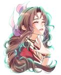  1girl aerith_gainsborough artist_name bangle bracelet breasts brown_hair choker cleavage closed_eyes dated final_fantasy final_fantasy_vii final_fantasy_vii_rebirth final_fantasy_vii_remake flower_choker hair_ribbon hand_on_own_chest highres jacket jewelry light_blush long_hair parted_bangs parted_lips pink_ribbon red_jacket ribbon shikiwo sidelocks solo upper_body wavy_hair white_background 