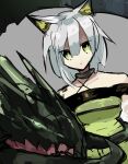  1girl animal_ear_fluff animal_ears arknights bare_shoulders cat_ears closed_mouth dress expressionless green_dress green_eyes grey_hair highres kal&#039;tsit_(arknights) looking_at_viewer material_growth mon3tr_(arknights) monster off-shoulder_dress off-shoulder_jacket off_shoulder oripathy_lesion_(arknights) short_hair upper_body user_mvyy7457 