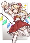  1girl absurdres ascot blonde_hair collared_shirt el_genso feet_out_of_frame flandre_scarlet foreshortening frilled_shirt_collar frilled_skirt frilled_thighhighs frills gradient_background hat highres long_hair looking_at_viewer mob_cap multicolored_wings one_eye_closed open_mouth orange_eyes puffy_short_sleeves puffy_sleeves red_ribbon red_skirt red_vest ribbon ribbon-trimmed_sleeves ribbon-trimmed_thighhighs ribbon_trim shirt short_sleeves simple_background skirt solo teeth thighhighs touhou upper_teeth_only vest white_background white_headwear white_shirt white_thighhighs wings wrist_cuffs yellow_ascot 