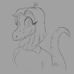 1:1 2024 anthro bianca_(bybuckett) black_and_white cavemanon_studios collared_shirt dinosaur eyelashes fan_character female hair long_tail monochrome reptile scalie short_hair sketch smile snoot_game snout solo tail unknown_artist