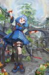  1girl :d absurdres asymmetrical_legwear banner bean_stalk blue_dress blue_footwear blue_hair braid bridge cloud cloudy_sky dress fingerless_gloves giant giantess girutea gloves hair_ornament highres indie_virtual_youtuber leaf_hair_ornament looking_at_viewer orange_eyes side_braid sky smile soyapoya_(vtuber) village virtual_youtuber 