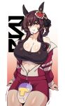  1boy 1girl animal_ears artist_logo black_sports_bra blush breasts brown_hair cero_rains cleavage commentary_request cowboy_shot ear_covers ear_ornament gentildonna_(umamusume) gradient_background horse_ears horse_girl jacket large_breasts long_sleeves medium_hair open_clothes open_jacket red_eyes red_shorts shorts smile sports_bra t-head_trainer thighs track_jacket umamusume 