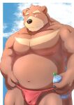 2024 anthro asian_clothing balls barely_visible_balls barely_visible_genitalia bear black_nose brown_body bulge clothing cloud east_asian_clothing fundoshi genitals hi_res japanese_clothing kemono male mammal moobs musclegut muscular navel nipples overweight overweight_male red_clothing red_fundoshi red_underwear solo tail_person underwear