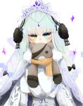  1girl absurdres alternate_costume ash_arms blue_hair blunt_bangs blush dress gem hair_ornament heterochromia highres hugging_object kv-2_(ash_arms) light_blue_hair looking_at_viewer matsudai_d scarf simple_background solo sparkle stuffed_animal stuffed_toy teddy_bear tiara white_background 
