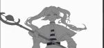  1girl capelet closed_mouth commentary dress elf expressionless floating_hair frieren greyscale highres holding holding_staff kumah_dessu long_hair long_sleeves looking_at_viewer monochrome pointy_ears solo sousou_no_frieren staff twintails unfinished 