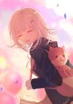  1girl :d animal_bag balloon black_jacket blunt_bangs blurry blurry_background brown_skirt cat_bag closed_eyes cloud danganronpa_(series) danganronpa_2:_goodbye_despair day from_side fu_ga_(vivi912912) highres jacket nanami_chiaki neck_ribbon open_clothes open_jacket outdoors pink_bag pink_ribbon pleated_skirt ribbon skirt smile solo spaceship_hair_ornament upper_body 