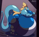  anthro belly belly_inflation big_belly big_butt blue_body butt gravityinbound hose huge_butt hyper hyper_belly inflation inteleon male nintendo pok&eacute;mon pok&eacute;mon_(species) pok&eacute;morph solo video_games water_inflation white_body yellow_frill 