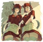  2girls animal_ears apron bimel_isabella breasts brown_eyes brown_hair cat_ears cat_tail closed_mouth facial_mark final_fantasy final_fantasy_xiv fingerless_gloves from_below gloves hat highres looking_at_viewer medium_breasts miqo&#039;te multiple_girls open_mouth red_gloves short_sleeves slit_pupils tail thighhighs waist_apron whisker_markings white_thighhighs 