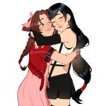  2girls aerith_gainsborough arms_around_neck black_gloves black_hair black_skirt black_thighhighs blush braid braided_ponytail brown_hair closed_eyes closed_mouth cowboy_shot crop_top dress earrings elbow_gloves final_fantasy final_fantasy_vii final_fantasy_vii_rebirth final_fantasy_vii_remake fingerless_gloves gloves hair_ribbon heads_together highres hug jacket jewelry lips long_hair low-tied_long_hair midriff multiple_girls one_eye_closed pink_dress pink_ribbon red_jacket ribbon single_earring skirt suspender_skirt suspenders tank_top thighhighs tifa_lockhart very_long_hair white_tank_top ynartistic zettai_ryouiki 