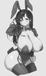  1girl black_hair breasts cleavage ee_extension_02 garter_straps greyscale highres monochrome playboy_bunny 