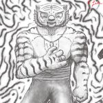 absurd_res anthro biceps black_bottomwear black_clothing black_pants bottomwear clothed clothing digit_ring felid fur hi_res jewelry larger_male lim_xue lim_xue_(lim_xue) male mammal markings muscular muscular_male necklace nervous nervous_smile pantherine pants pecs ring ring_necklace size_difference solo striped_body striped_fur striped_markings striped_tail stripes tail tail_markings tiger topless topless_anthro topless_male wedding_ring white_body white_fur