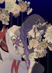  1girl back braid closed_mouth floral_print genshin_impact hair_between_eyes hair_ornament hair_ribbon highres holding japanese_clothes kneeling long_hair looking_at_object mitsudomoe_(shape) mole mole_under_eye purple_eyes purple_hair raiden_shogun ribbon single_braid solo tomoe_(symbol) yuyouxing 