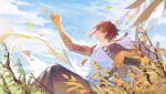  1boy almoonnn blue_sky brown_eyes brown_hair cloud cup falling_leaves from_side genshin_impact ginkgo_leaf hand_up highres holding holding_cup hood hood_down leaf leaning_back leaning_on_object medium_hair nature outdoors plant shirt signature sitting sky solo sparkle toasting_(gesture) white_shirt zhongli_(genshin_impact) 