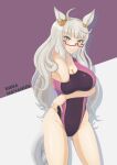  1girl absurdres ahoge animal_ears biwa_hayahide_(umamusume) breasts brown_eyes character_name cleavage contrapposto covered_navel ear_ornament feet_out_of_frame glasses highres horse_ears horse_girl horse_tail large_breasts one-piece_swimsuit purple_background purple_one-piece_swimsuit red-framed_eyewear semi-rimless_eyewear seppatsumaru solo swimsuit tail two-tone_background two-tone_swimsuit umamusume white_background white_hair 