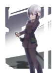  1girl adjusting_hair androgynous belt belt_pouch black_jacket black_pants border breasts brown_belt closed_mouth collared_shirt commentary dress_shirt feet_out_of_frame from_side grey_background grey_hair highres holding holding_umbrella jacket kino_(kino_no_tabi) kino_no_tabi kootee-on looking_to_the_side outline outside_border pants pouch purple_eyes shadow shirt short_hair small_breasts smile solo standing tomboy umbrella white_border white_outline white_shirt 