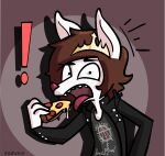2017 absurd_res anthro artist_name brown_hair caught caught_off_guard cheese crown dairy_products digital_media_(artwork) food fuyu_graycen hair headgear hi_res hybrid looking_at_viewer male norehana_art open_mouth pepperoni pizza simple_background solo tongue tongue_out visual_kei white_body