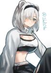  1girl absurdres animal_ears arknights aurora_(arknights) black_hairband black_pants blue_eyes breasts cleavage cleavage_cutout closed_mouth clothing_cutout commentary_request grey_hair hair_over_one_eye hairband highres horobu knee_up long_sleeves looking_at_viewer medium_breasts one-hour_drawing_challenge pants shrug_(clothing) simple_background sitting smile solo twitter_username white_background 