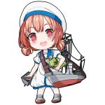  1girl :d chibi child dress full_body hat kaiboukan_no._4_(kancolle) kantai_collection kneehighs machinery one-take open_mouth red_eyes red_hair sailor_dress sailor_hat short_hair short_sleeves smile socks solo white_dress white_headwear white_socks 