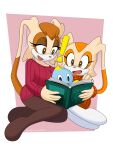  2019 absurd_res ambiguous_gender anthro blue_body book border brown_eyes brown_hair chao_(sonic) cheese_the_chao clothing cream_the_rabbit daughter exclamation_point female fur group hair hi_res holding_book holding_object lagomorph legwear leporid mammal mature_anthro mature_female mother mother_and_child mother_and_daughter omegasunburst open_mouth open_smile orange_body orange_clothing orange_fur orange_topwear pantyhose parent parent_and_child pink_background pink_clothing pink_topwear rabbit reading sega simple_background sitting smile sonic_the_hedgehog_(series) sweater tan_body tan_fur topwear vanilla_the_rabbit white_border 