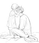  1boy 1girl age_difference barefoot blush couple dragon_boy dragon_horns dragon_tail feet greyscale hetero horns indian_style kiss kissing_forehead monochrome original sekiya_asami shirt short_hair sitting sketch soles tail toes 