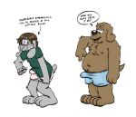 2024 3_toes 4_fingers anthro arm_tuft big_feet biped black_nose blue_clothing blue_underwear blush bodily_fluids brown_body brown_fur brown_hair canid canine canis chest_tuft clothed clothing clothing_pull cute_fangs dialogue domestic_dog duo elbow_tuft english_text erection erection_under_clothing eyebrows fakeanimalperson feet fingers floppy_ears flustered francis_(fakeanimalperson) fur genital_fluids gesture green_clothing green_shirt green_topwear hair hand_gesture hi_res lagomorph lagomorph_nose leporid male mammal navel nipples open_mouth overweight overweight_anthro overweight_male pawpads pink_clothing pink_pawpads pink_underwear pointing precum precum_through_clothing pubes rabbit scut_tail shirt shirt_pull short_tail speech_bubble sweat sweatdrop tail text tim_(fakeanimalperson) toes toony topless topwear topwear_pull tuft underwear underwear_only wet wet_clothing