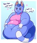 animal_crossing anthro belly_grab belly_overhang belly_rolls big_breasts blue_body blue_fur blue_hair blush breasts chubby_cheeks deep_navel domestic_cat ear_markings english_text fat_fetish fat_rolls felid feline felis female fur glistening glistening_body gloves_(marking) hair hi_res mammal markings navel nintendo obese obese_anthro obese_female overweight overweight_anthro overweight_female robirobi rosie_(animal_crossing) solo speech_bubble striped_markings striped_tail stripes tail tail_markings text white_markings